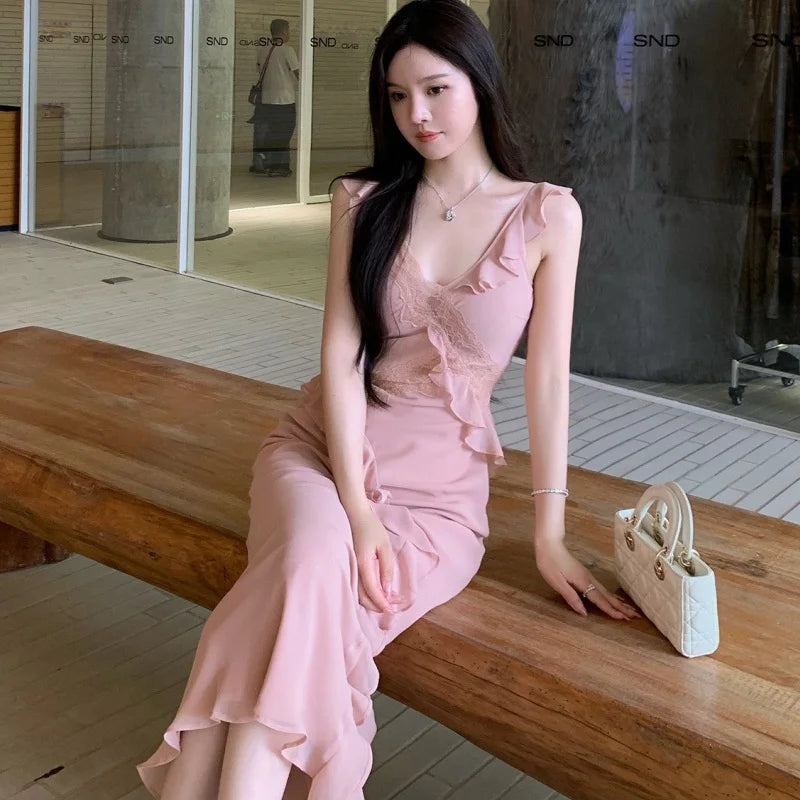 Women Slip Long Dress Lady Pink Lace Panel Slim Fit Ruffled Mermaid Dress Female Summer Alluring Bodycon Maxi Vacation Dress