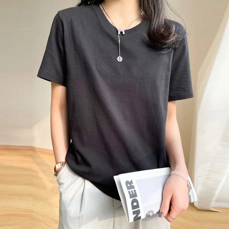 Women T-shirts 2026 Tops Solid Short Sleeve Loose O-neck Cotton Casual Ladies Shirts Harajuku Korean Summer Woman Tshirts