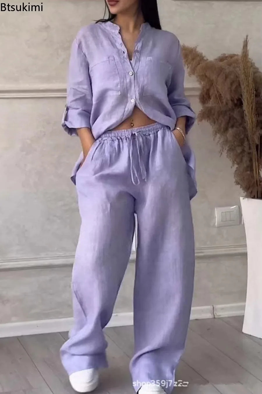 2026 Women Wide Leg Pants with Shirt Two Piece Sets Versatile Loose Casual Suits Chic Comfy Cotton Linen Streetwear Sets Femme
