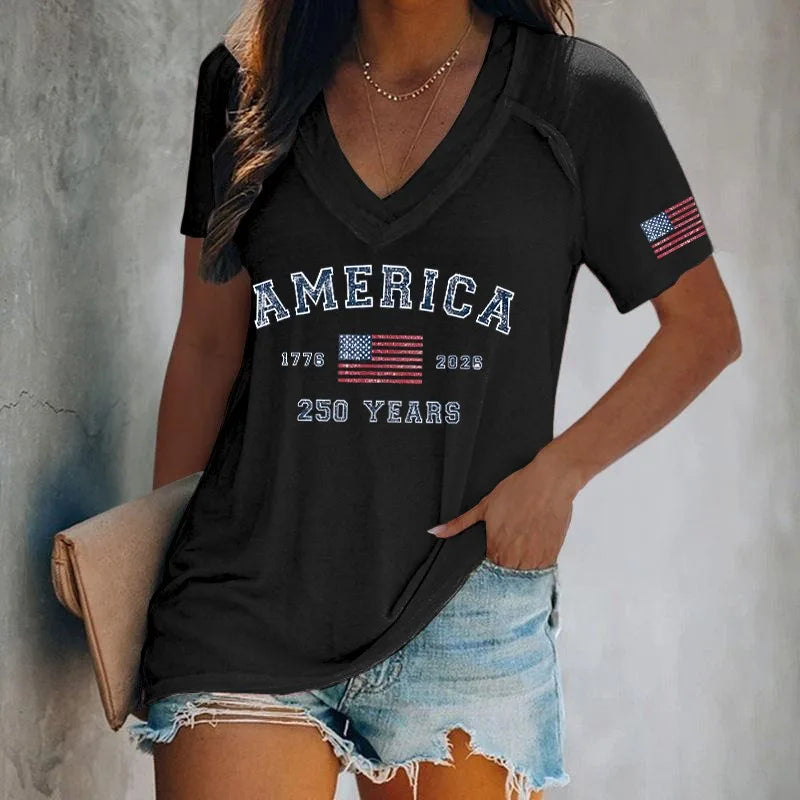 Women's America 250 Print T-Shirts Casual Loose Short Sleeve V Neck Tops Summer Tees 2026 New Arrival
