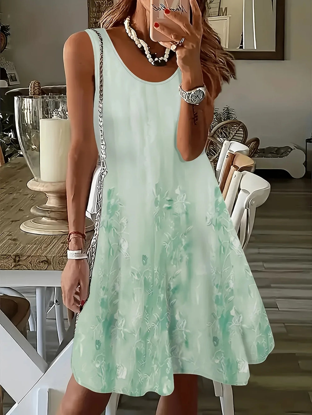 Women's Printed Sleeveless Swing Dress | Scoop Neck | Braviixx