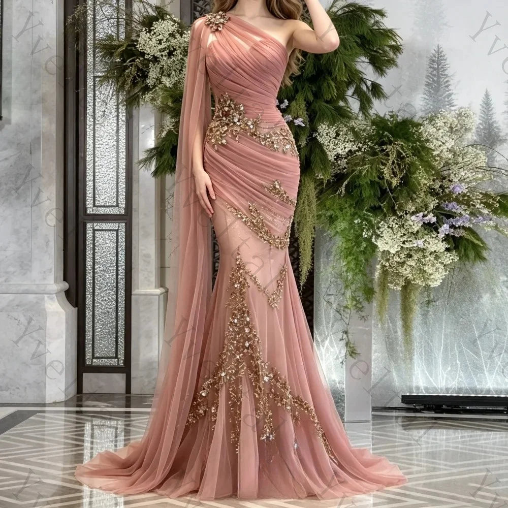One Shoulder Draped Tulle Mermaid Gown | Gold Floral Rhinestone Formal Evening Dress