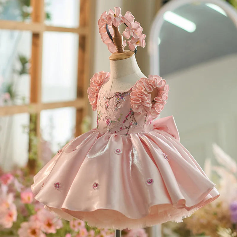 Baby Girls Floral Party Dress | Bow Ball Gown with Puff Sleeves | 6M–6Y | Braviixx