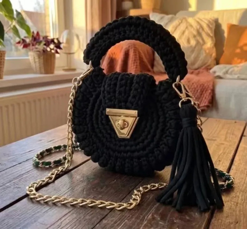 Round Crochet Handbag | Tassel & Chain Shoulder Strap | Braviixx