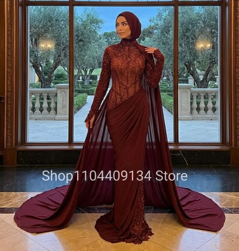 Beaded High-Neck Evening Gown | Long Sleeves & Draped Skirt | Braviixx