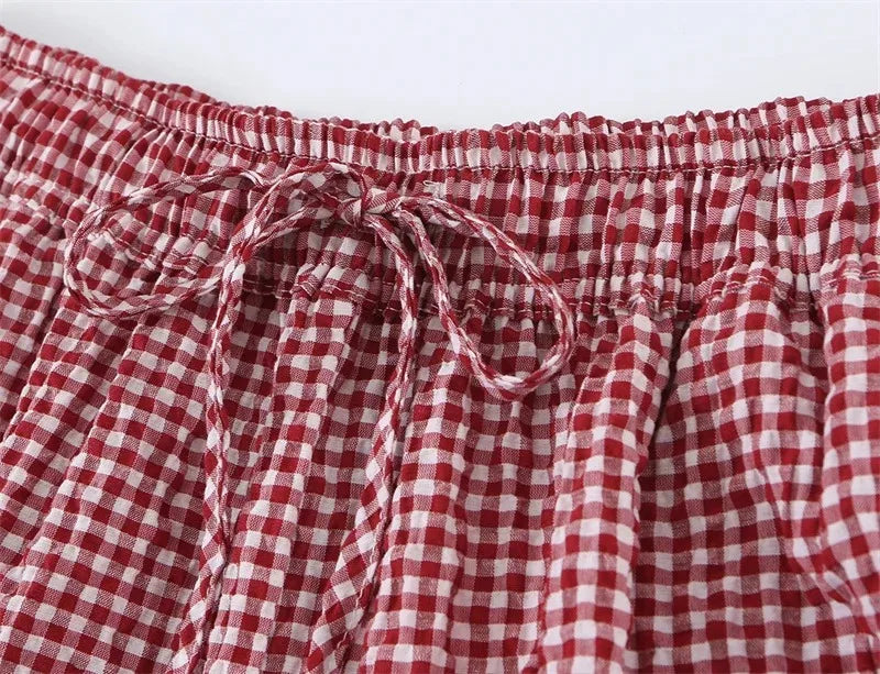 Women's Long Pants 2026 Summer New Style Red Plaid Drawstring Lantern Pants Long Pants Beach Vacation Casual Fashion