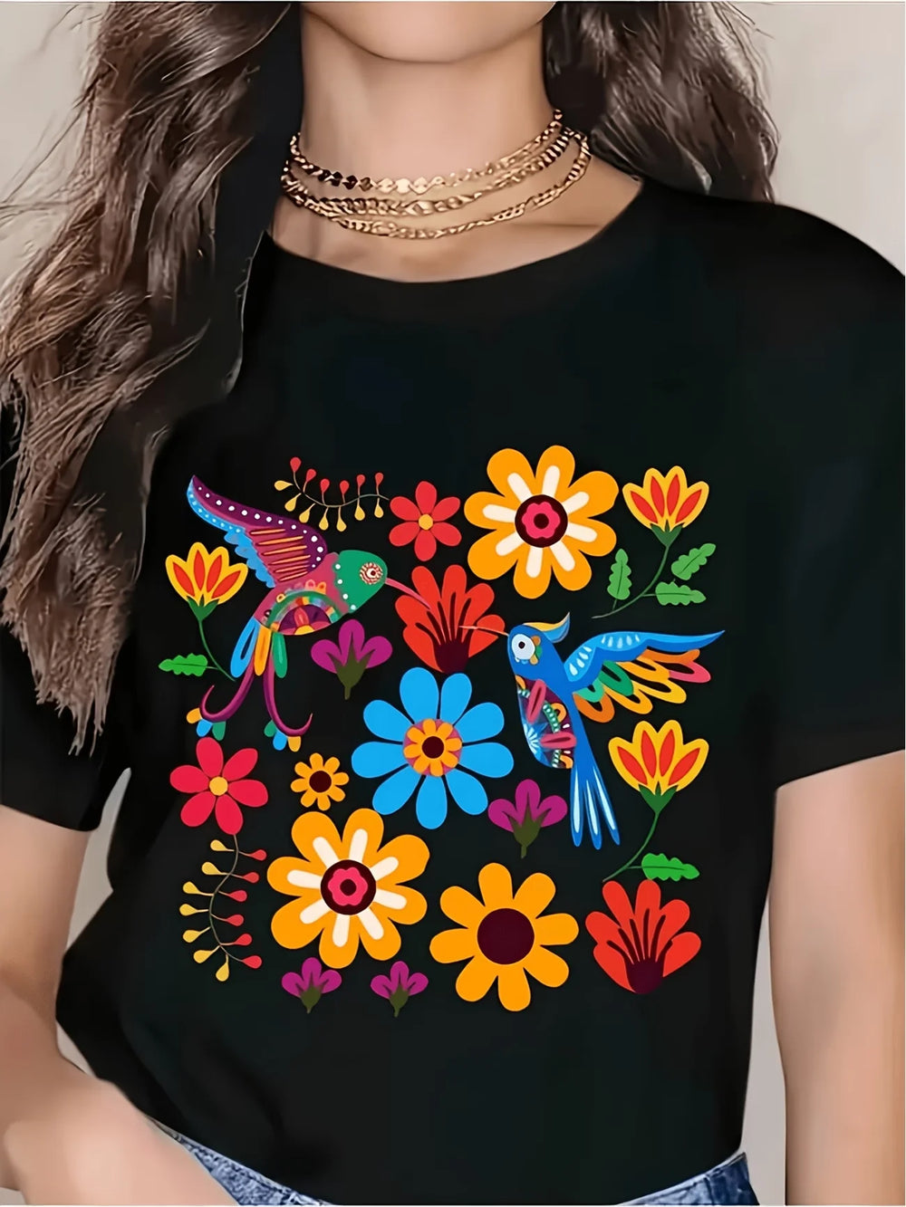 Mexican Embroidery Floral Women's Tee - Vibrant Folk Art Graphic, Casual Black Top T Shirt Women Clothing Graphic T Shirts