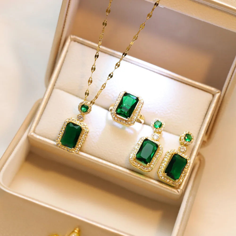 Green Rhinestone Necklace, Earrings & Ring Set | Braviixx
