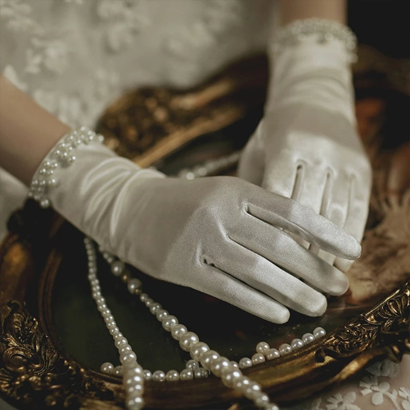 Wedding Bridal Satin Short Gloves Pearl Beaded Prom Mittens