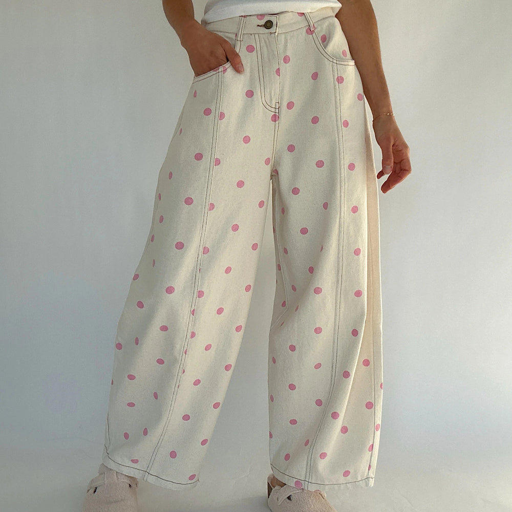 Fashion Women Barrel Jeans Dot Print Loose Denim Pants Spring Casual Baggy Trousers Fashion Wide-Leg Pants