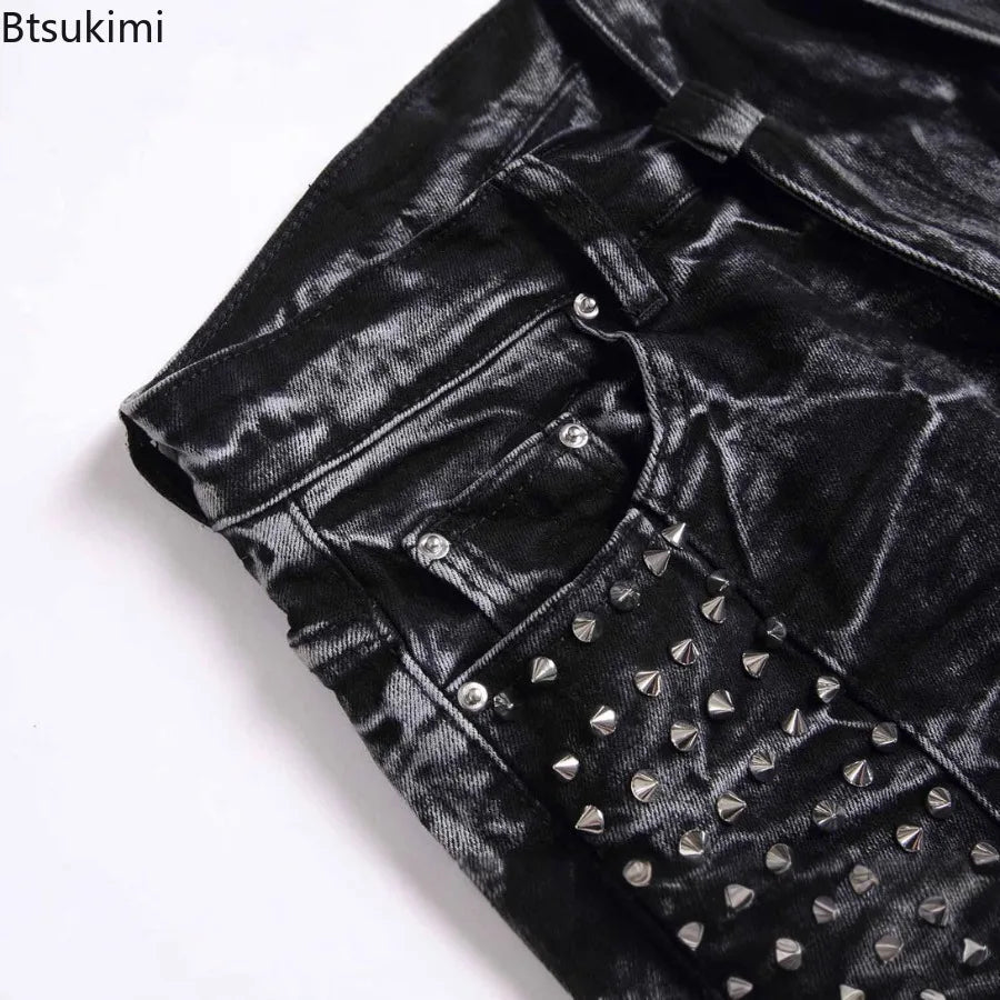 2026 Retro Punk High Street Trend Black Jeans Rivet Design Men Slim Casual Pants Fashion Classic Men Denim Pants Four Season New