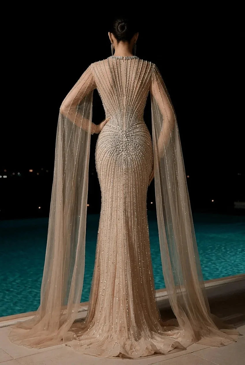 Beaded Mermaid Evening Gown | Flowing Cape Sleeves | Braviixx