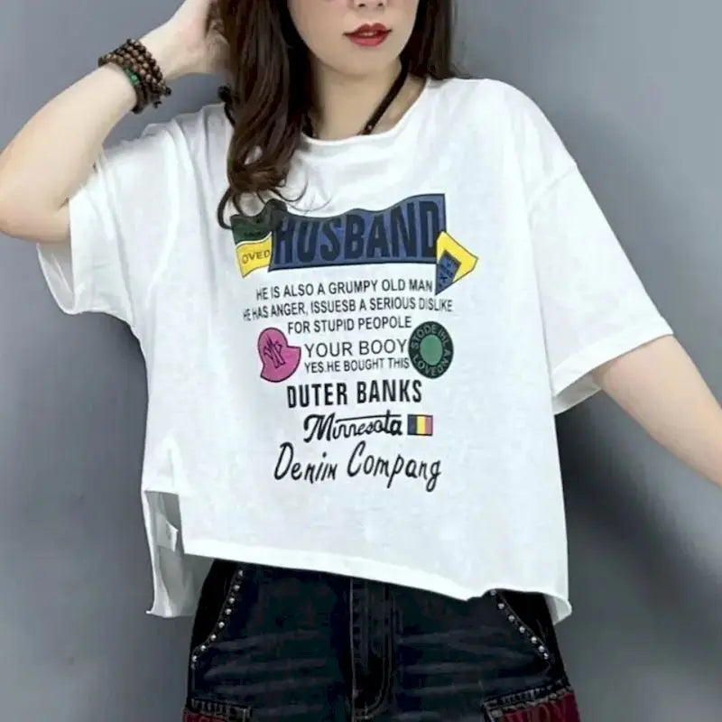 2026 New in T-shirts for Women Personality Fashion Irregular Design Tops Letters Printed Short Sleeved T-shirt Loose Versatile T