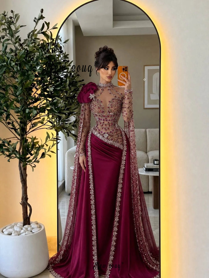 Embellished Illusion Evening Gown | Cape Sleeves | Braviixx