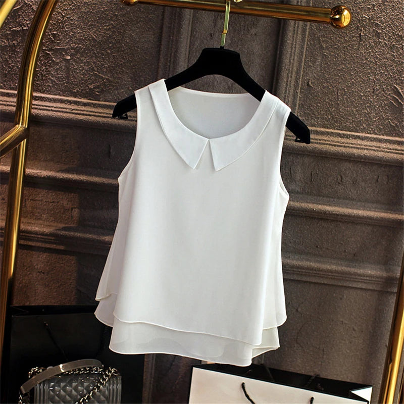 Women's Blouses 2026 New Sleeveless Peter Pan Collar Shirt for Women Chiffon Blouse Summer Casual Oversized 5XL Female Tops