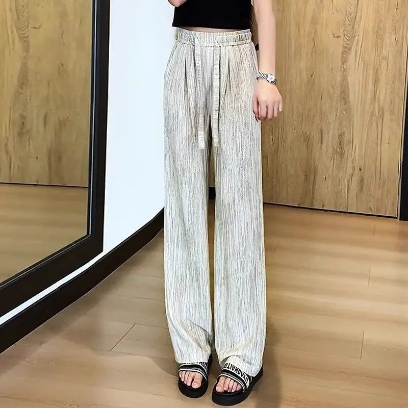 Women's High Waist Wide Leg Pants 2026 Summer Ice Silk Linen Loose Fit Flowy Straight Leg Casual Trousers Women Pants Sweatpants