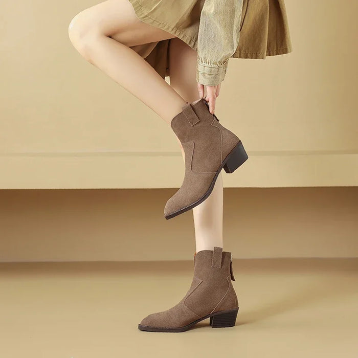 Natural Suede Women Western Boots Winter Black Brown Khaki Ladies Square Toe Ankle Boots Fashion Patchwork Back Zipper Boots