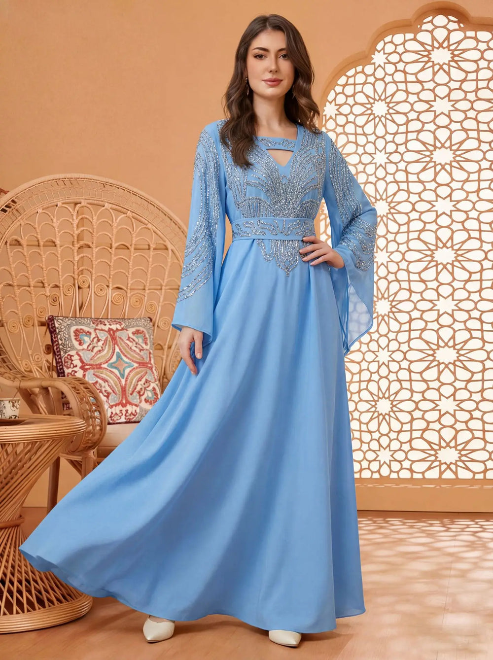 Embellished Kaftan Dress | Bell Sleeves & Tie Waist | Braviixx