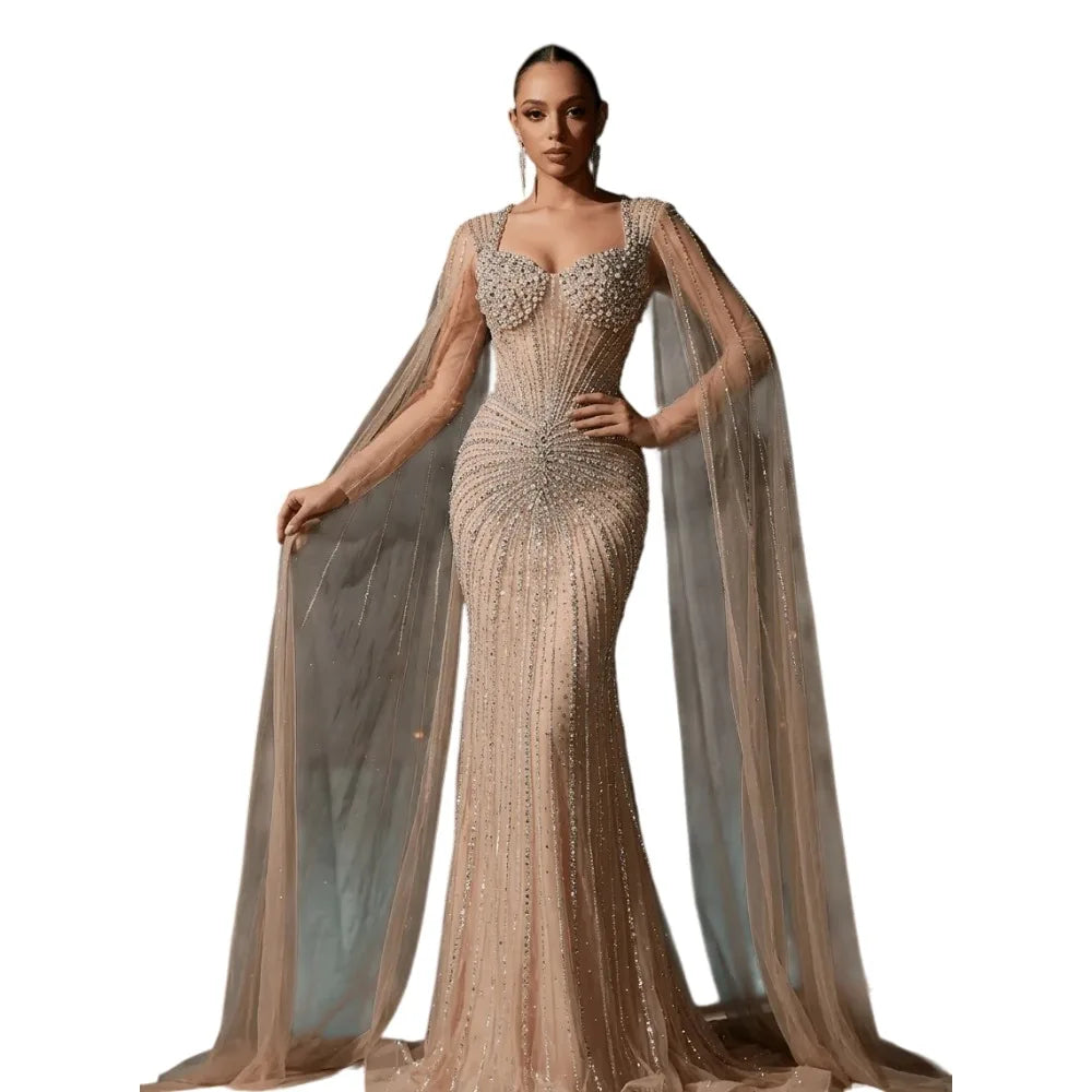 Beaded Mermaid Evening Gown | Flowing Cape Sleeves | Braviixx