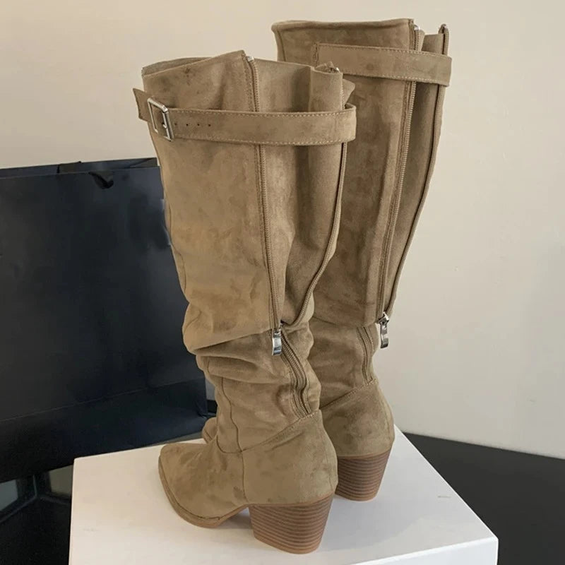Faux Suede Western Boots | Buckle & Block Heel | Braviixx