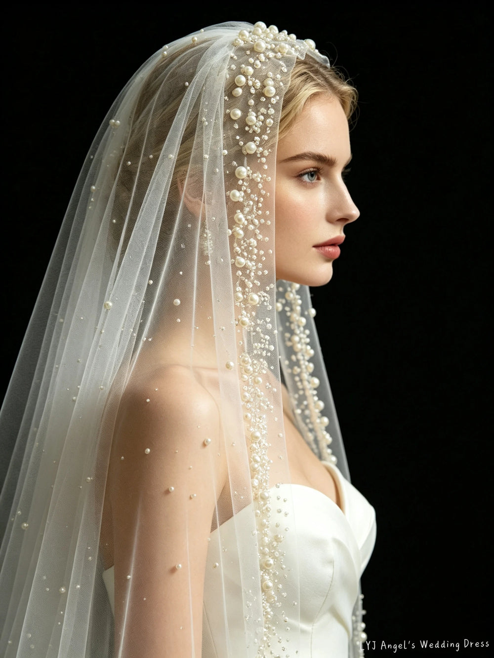 Pearl-Beaded Cathedral Bridal Veil | Single Tier with Comb | Braviixx