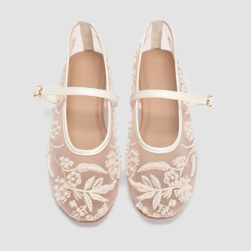 White Pearl Mesh Embroidery Ballet Flats Women Elegant String Bead Flat Sandals Light Summer Mary Jane Shoes Zapatos De Mujer
