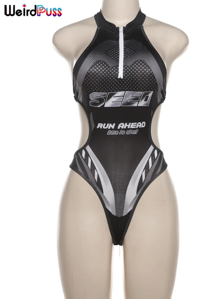 Graphic Halter Bodysuit | Zip Front & Side Cut-Outs | Braviixx