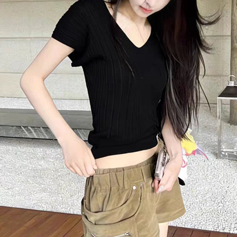 V-neck Short Sleeve Knitted Pullover Shirt 2026 Fashion New Slim Fit Solid Color Basic Tops Elegant Summer Blouse Casual Blusas