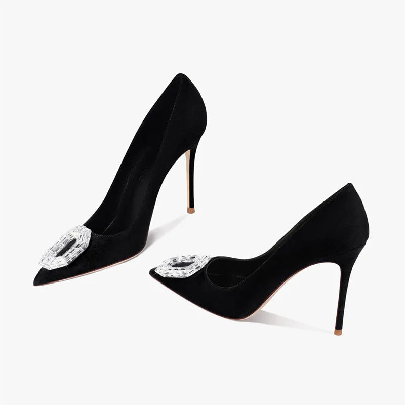 Rhinestone Ornament Pumps | Black Pointed-Toe Heels | Braviixx