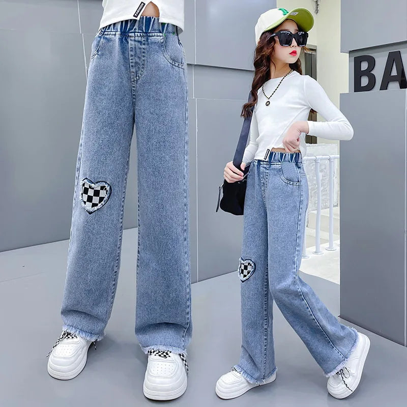 2026 Newest Children's High Waisted Straight Fit Ripped Jeans With Holes For Girls Casual Denim Pants For 5 7 9 11 13 14 Years