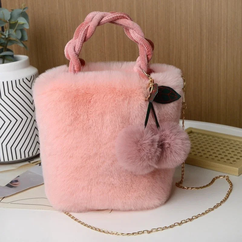 Fluffy Mini Crossbody Bag | Cherry Pom-Pom & Braided Handle | Braviixx
