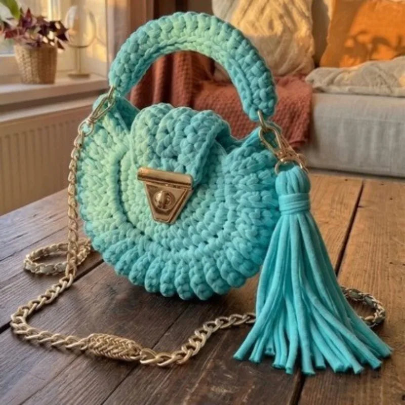 Round Crochet Handbag | Tassel & Chain Shoulder Strap | Braviixx