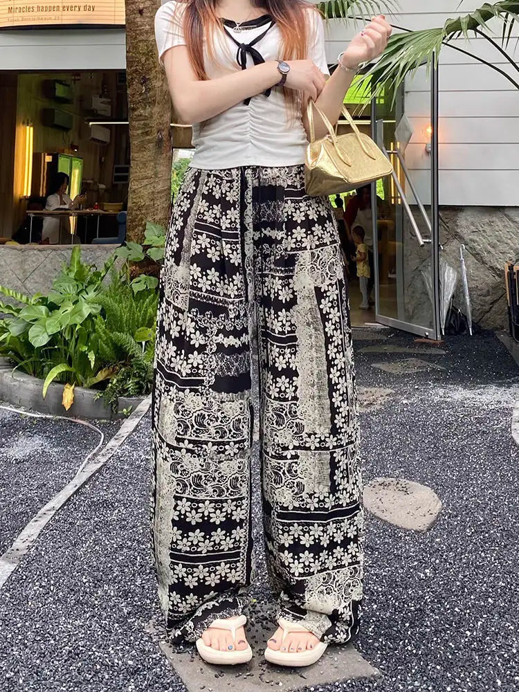 Retro Print Design Palazzo Pants Women's Summer Lightweight Loose Slimming Drapey Plus Size Casual Straight Leg Sports Pants