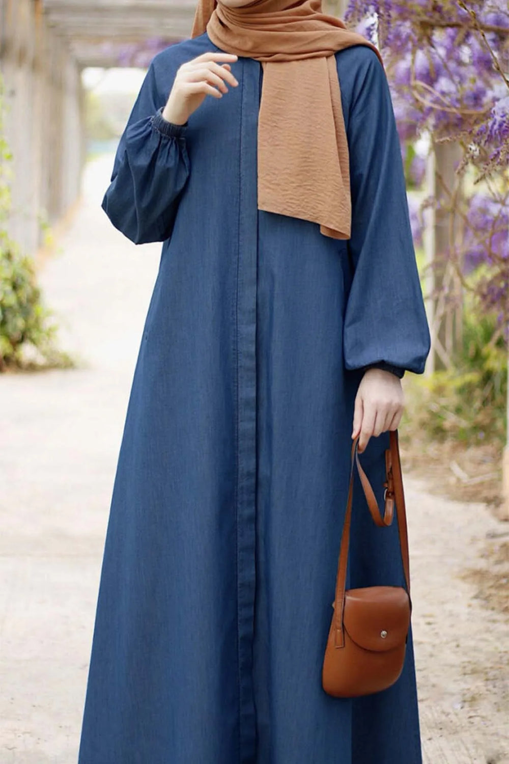 Muslim Maxi Dresses for Women Vintage Denim Lace Up Lantern Sleeve Maxi Dress