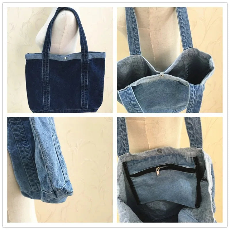 Women's Large Capacity Denim Tote Bag | Zipper · Front Pocket · Shoulder Bag | Dark Navy · Sky Blue | Braviixx