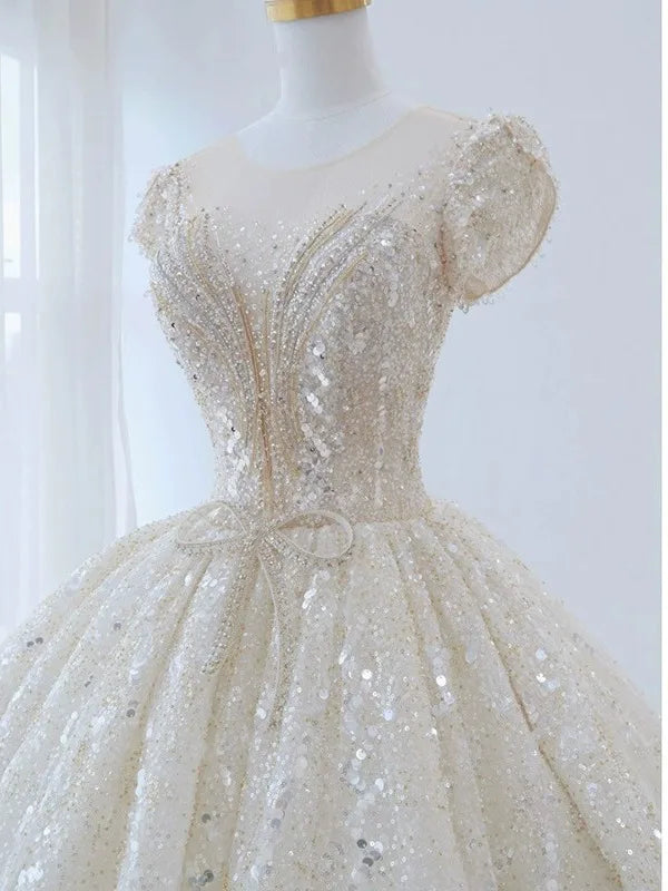 Lace & Beaded Wedding Ball Gown | Cap Sleeves | Braviixx