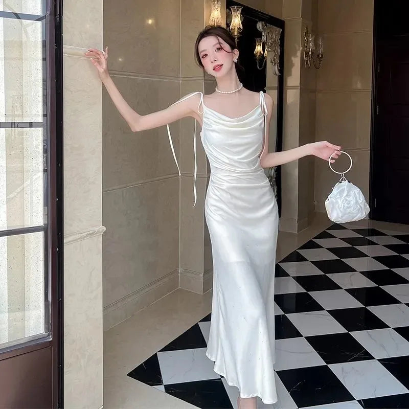 Women French Satin Slip Dress Draped Neck Glitter Slim Mermaid Maxi Dress Summer Party Evening
