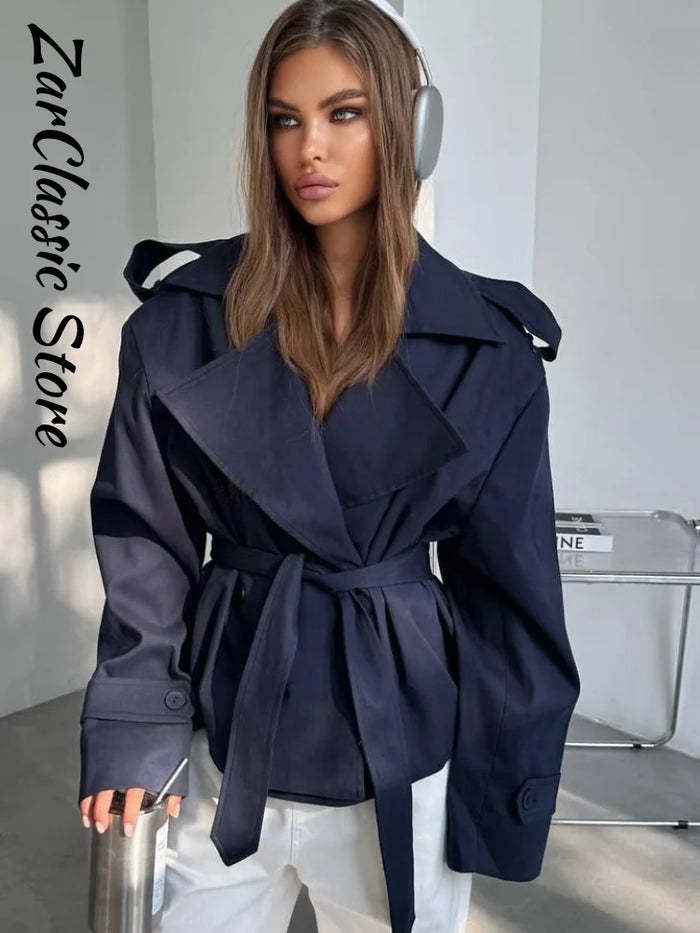 Street Lace Up Trench Coats Women Long Sleeve Lapel Waist Cinching Cropped Windbreaker Female Autumn Lady Elegant Casual Jacket