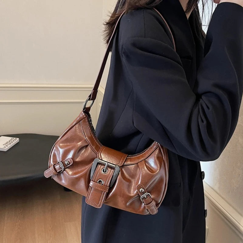 Pleated Hobo Shoulder Bag | Glossy Finish & Buckle Details | Braviixx