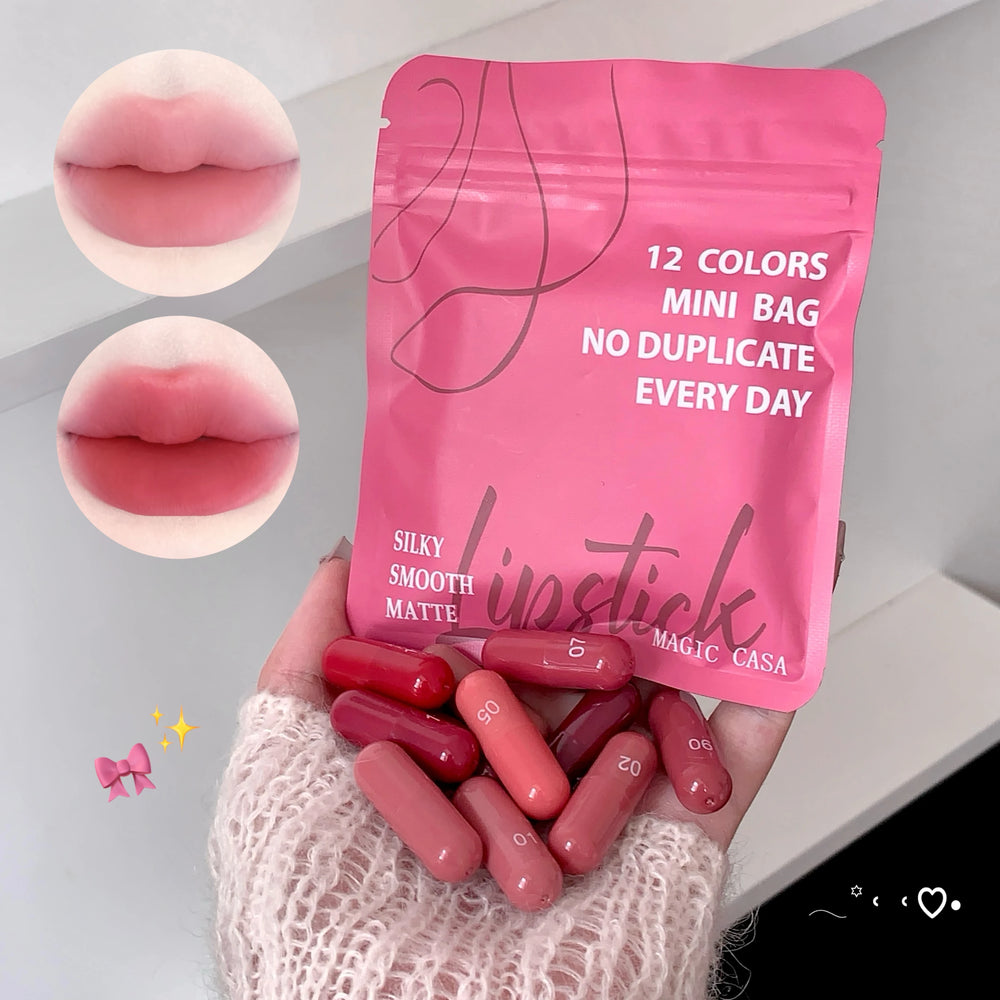12-Color Matte Lipstick Set | Mini Lip Colors & Bag | Braviixx