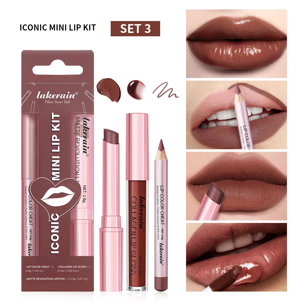 Iconic Mini Lip Kit | 3-Piece Lipstick, Gloss & Liner Set | Braviixx
