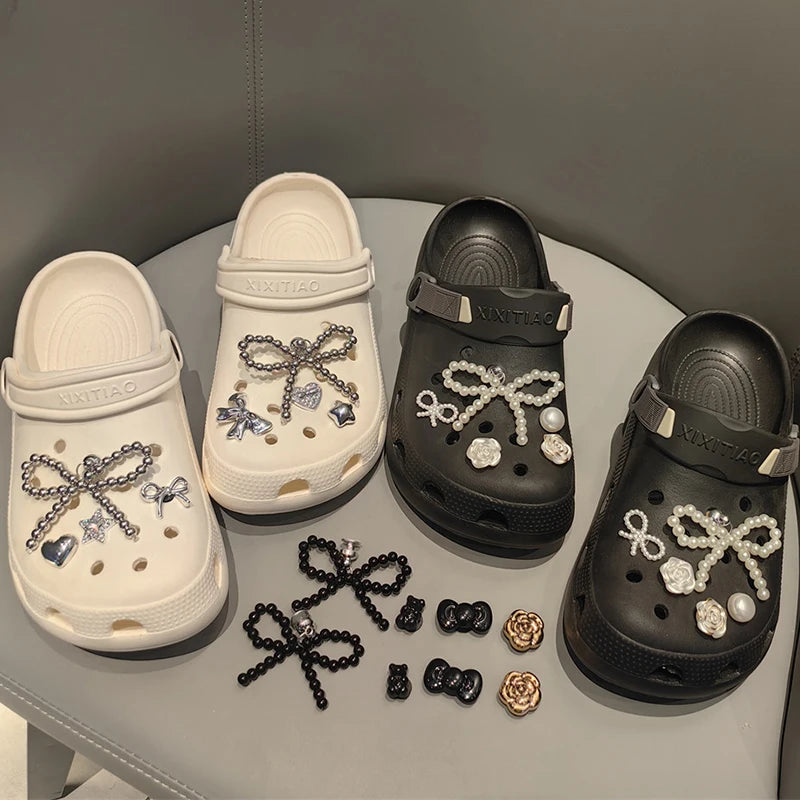Pearl Bowknot Shoe Charm Set | DIY Detachable Shoe Buckle Decor | Punk Heart & Flowers | 3 Colors