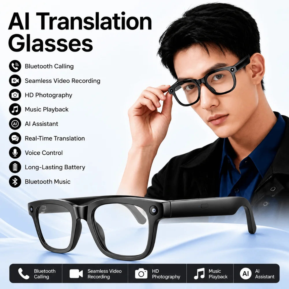 AI Smart Glasses with 8MP Camera | Real-Time Translation, 1080p Video Recording, Bluetooth Music & Anti-Blue Light | Braviixx