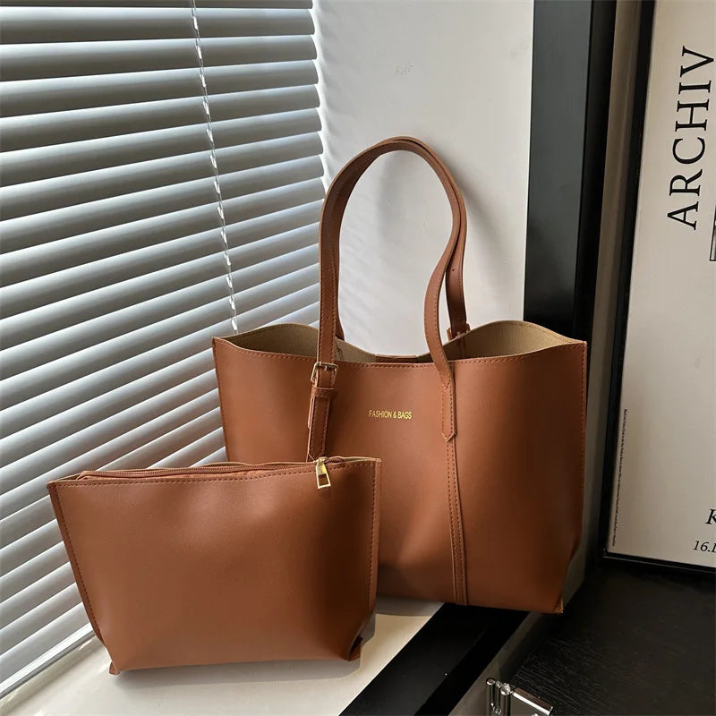 Women's Large Capacity Soft PU Tote Bag 2-Piece Set | Shoulder · Zipper Pouch | 5 Colours | Braviixx