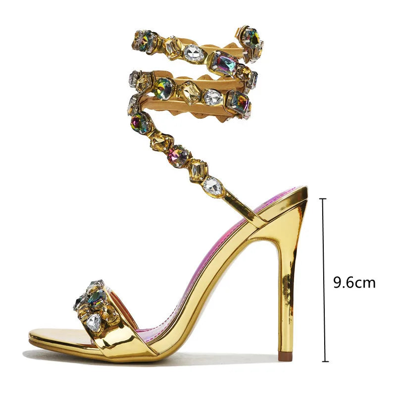 Rhinestone Wraparound Sandals | 9.6 cm Stiletto Heels | Braviixx