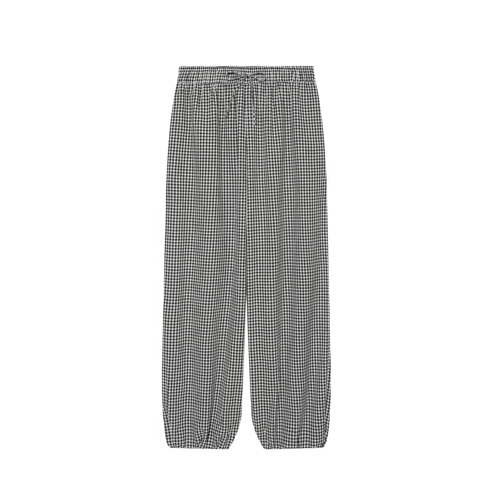 Women's Long Pants 2026 Summer New Style Red Plaid Drawstring Lantern Pants Long Pants Beach Vacation Casual Fashion
