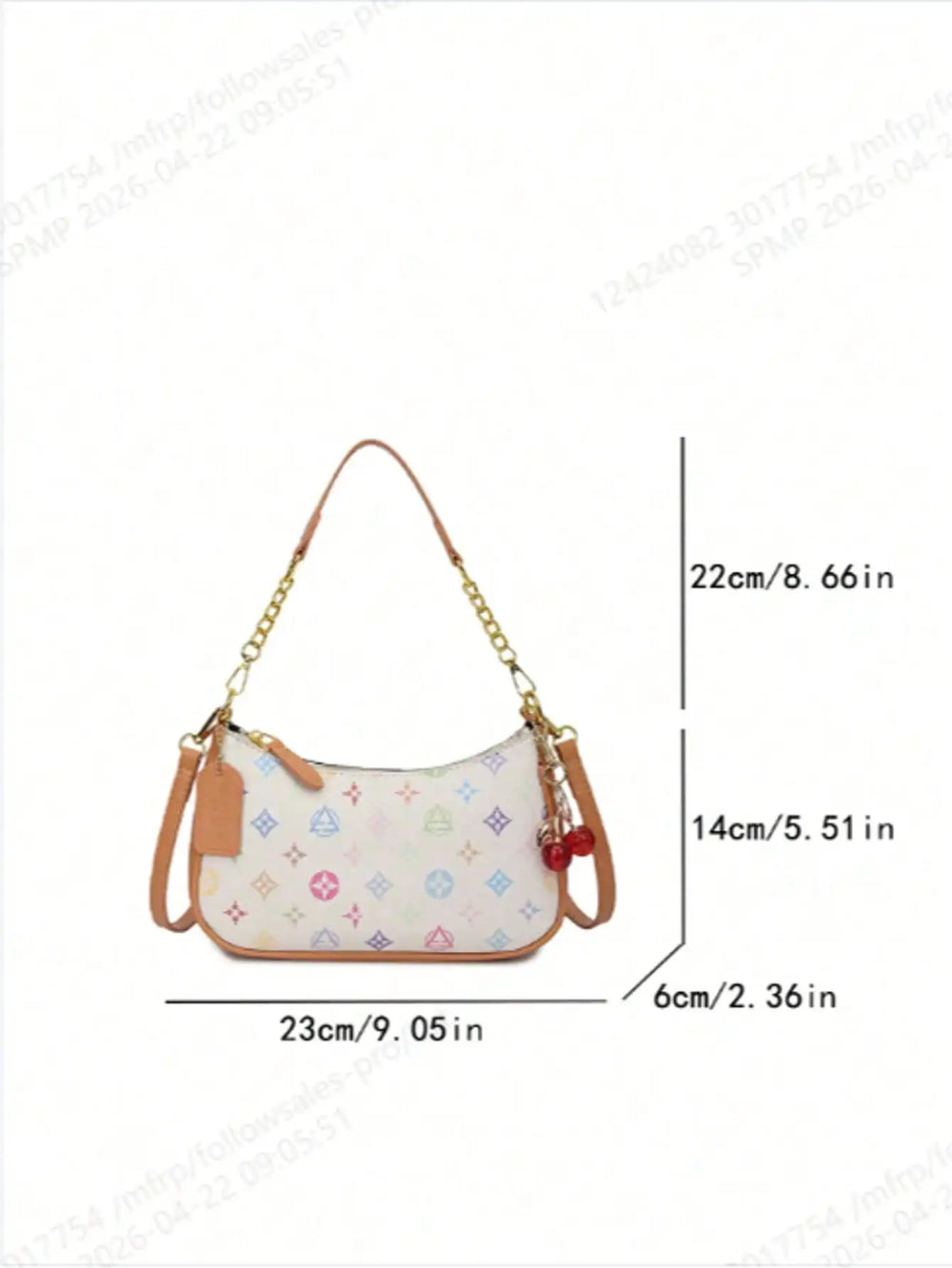 Printed Crescent Shoulder Bag | Cherry Charm & Chain Strap | Braviixx