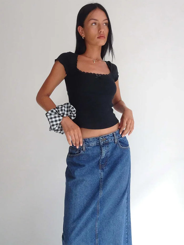 Women's Y2K Lace Trim Bow Ribbed Crop Top · White / Black / Pink · S–L