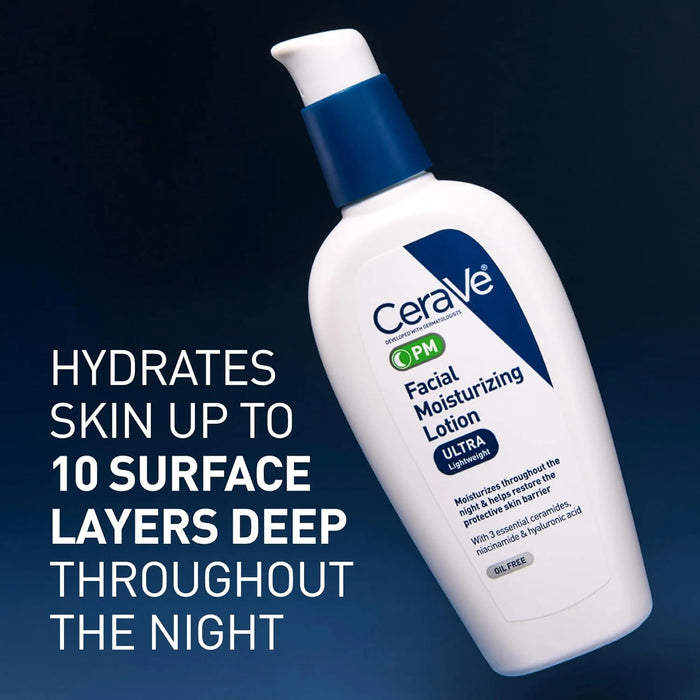 CeraVe PM Facial Moisturizing Lotion with Hyaluronic Acid & Niacinamide,Ultra-Lightweight,Oil-Free Moisturizer for Face,3 Ounce