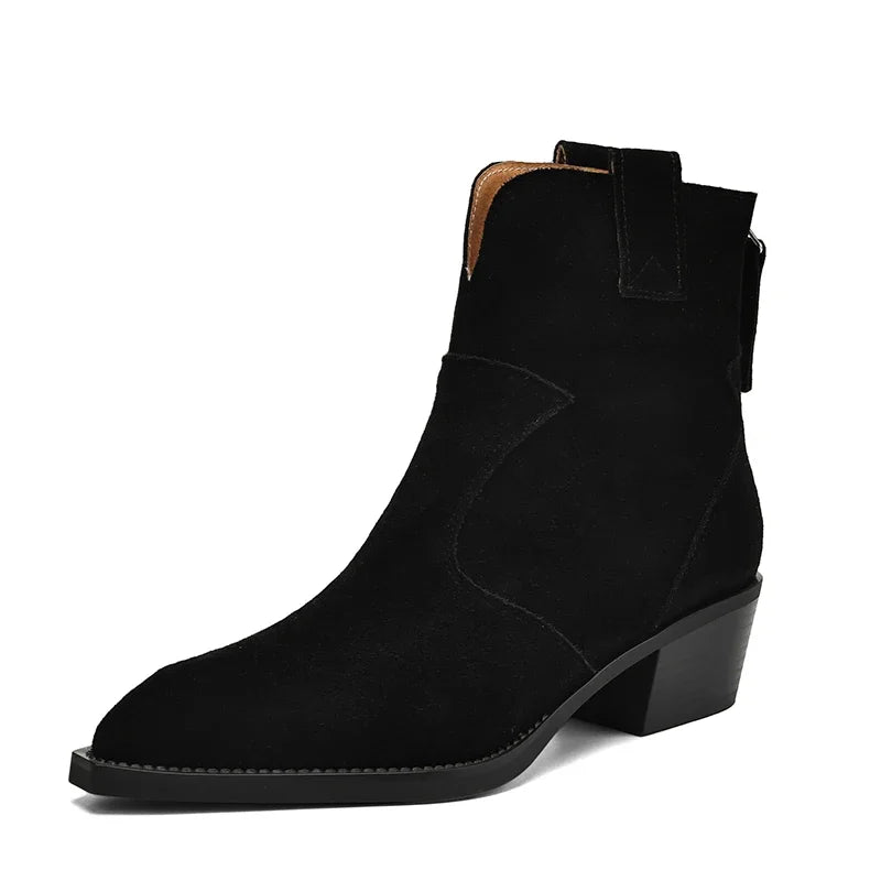 Natural Suede Women Western Boots Winter Black Brown Khaki Ladies Square Toe Ankle Boots Fashion Patchwork Back Zipper Boots